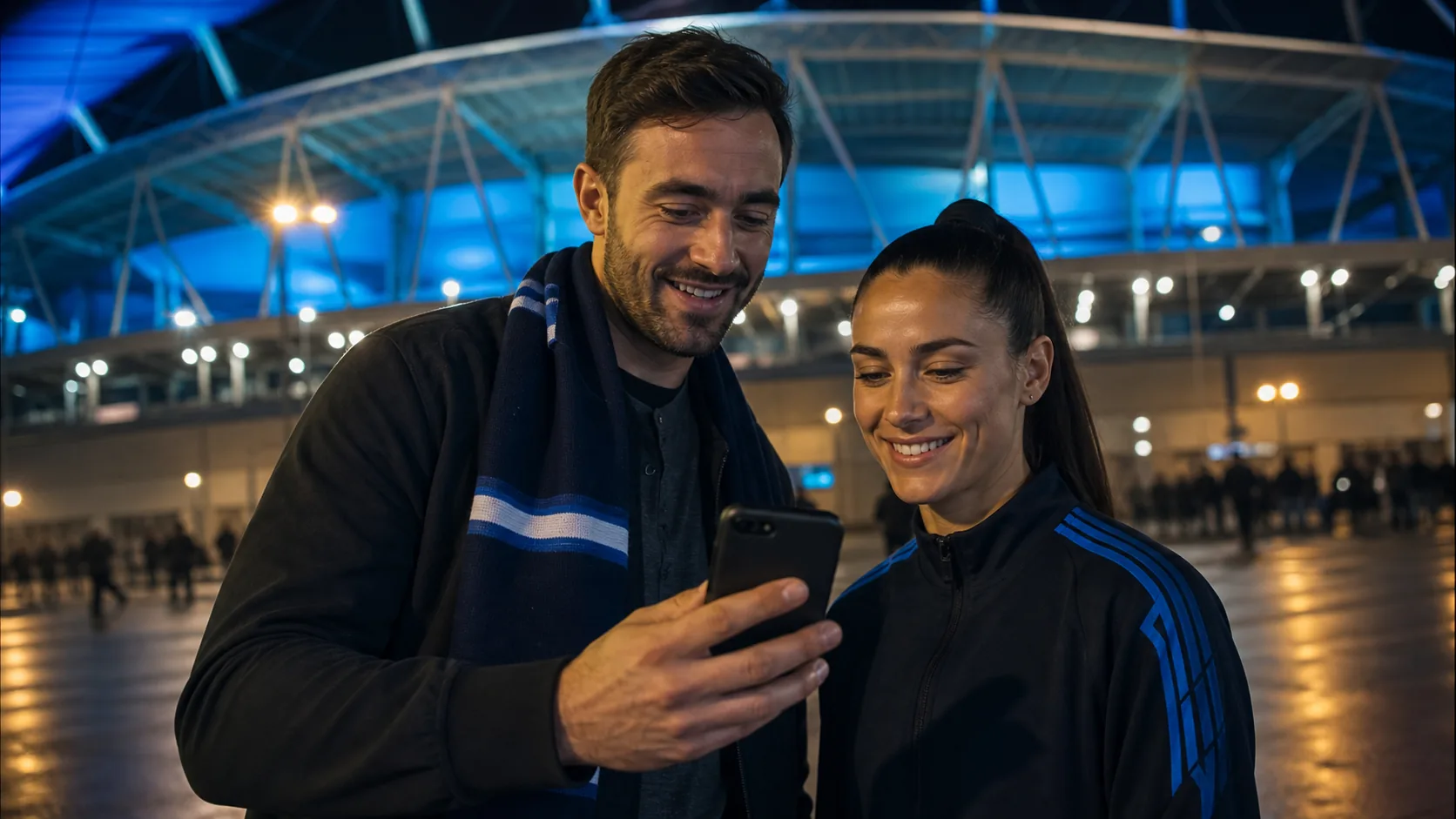 Football supporter and athlete using a smartphone at a stadium