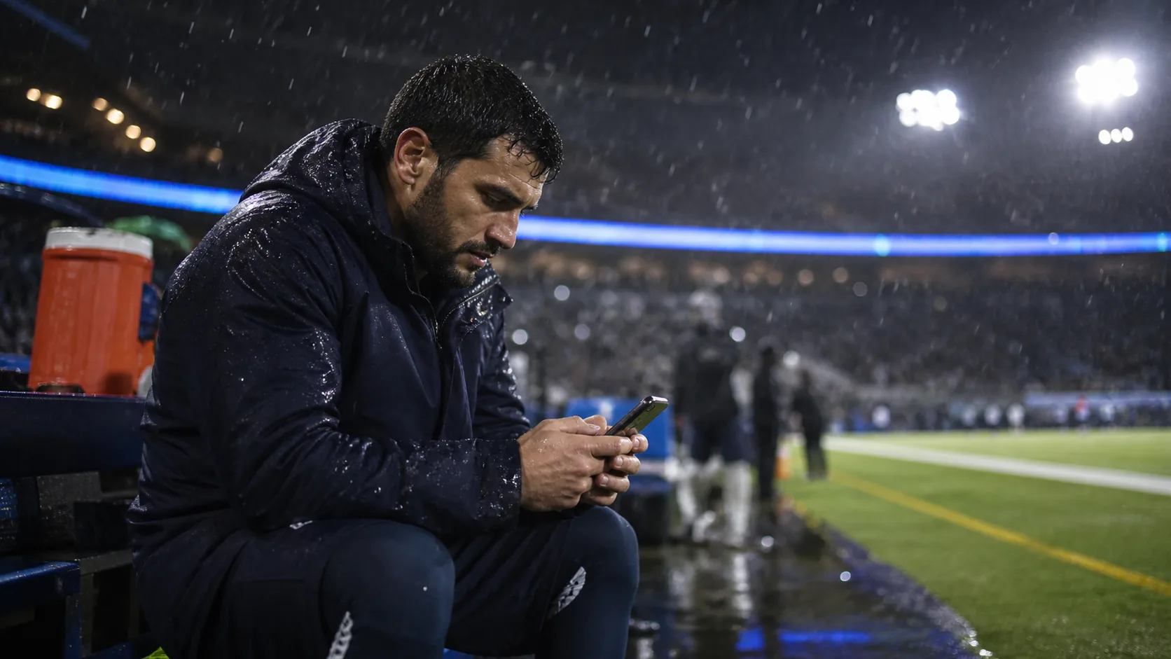 Football athlete checking mobile connectivity beside the pitch