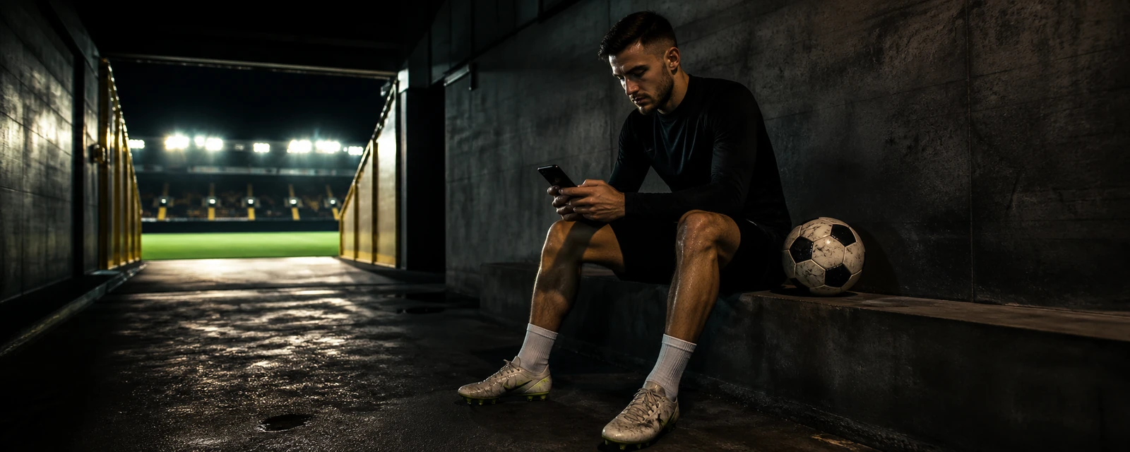 Football athlete using a mobile sports app in a stadium tunnel