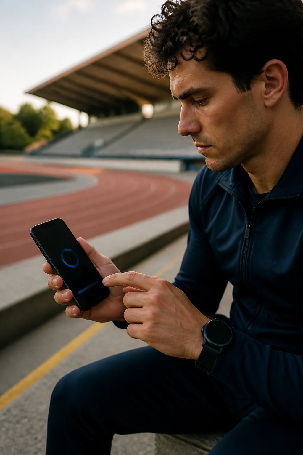 Runner installing the mobile app beside a track