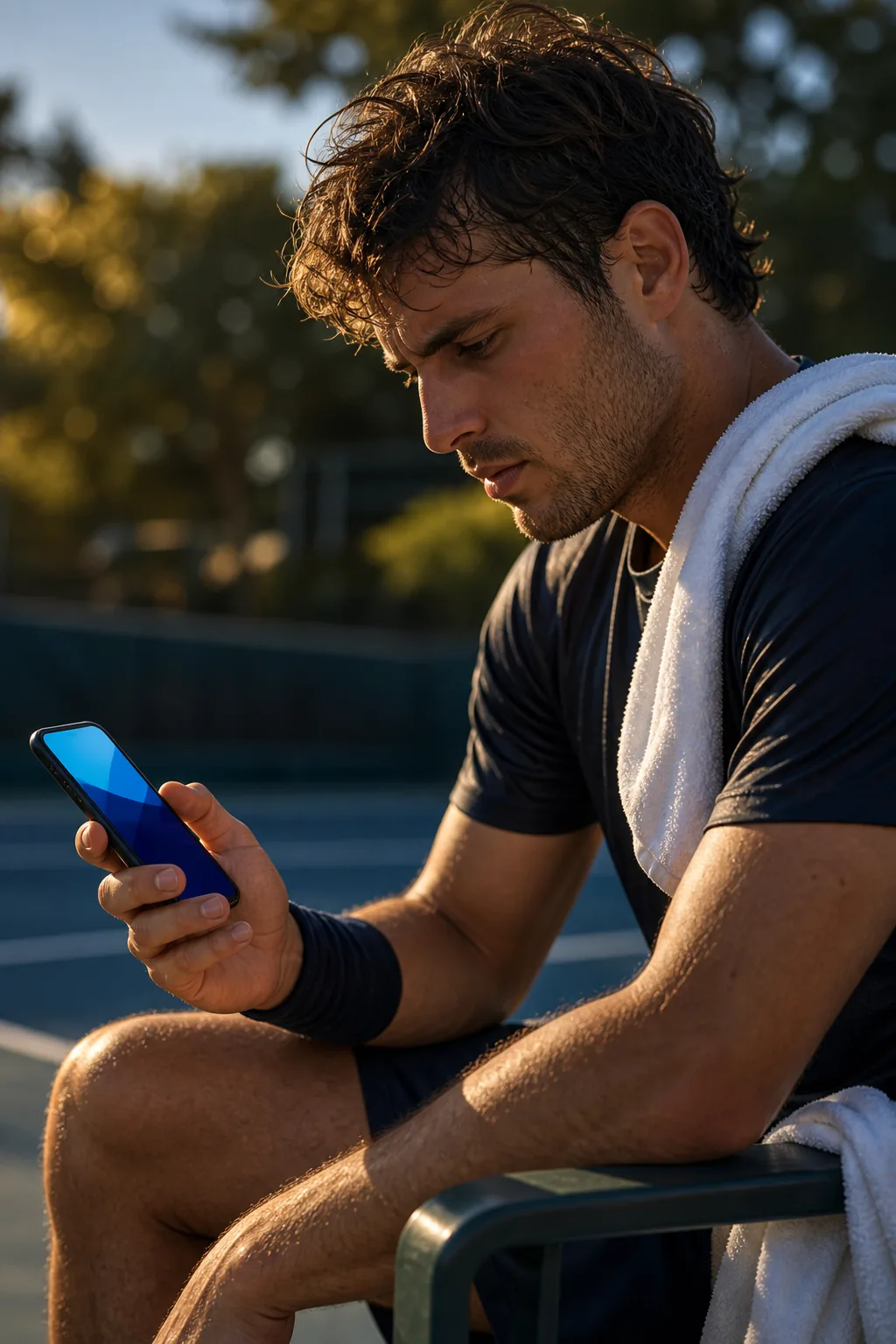 Tennis athlete using a smartphone after practice