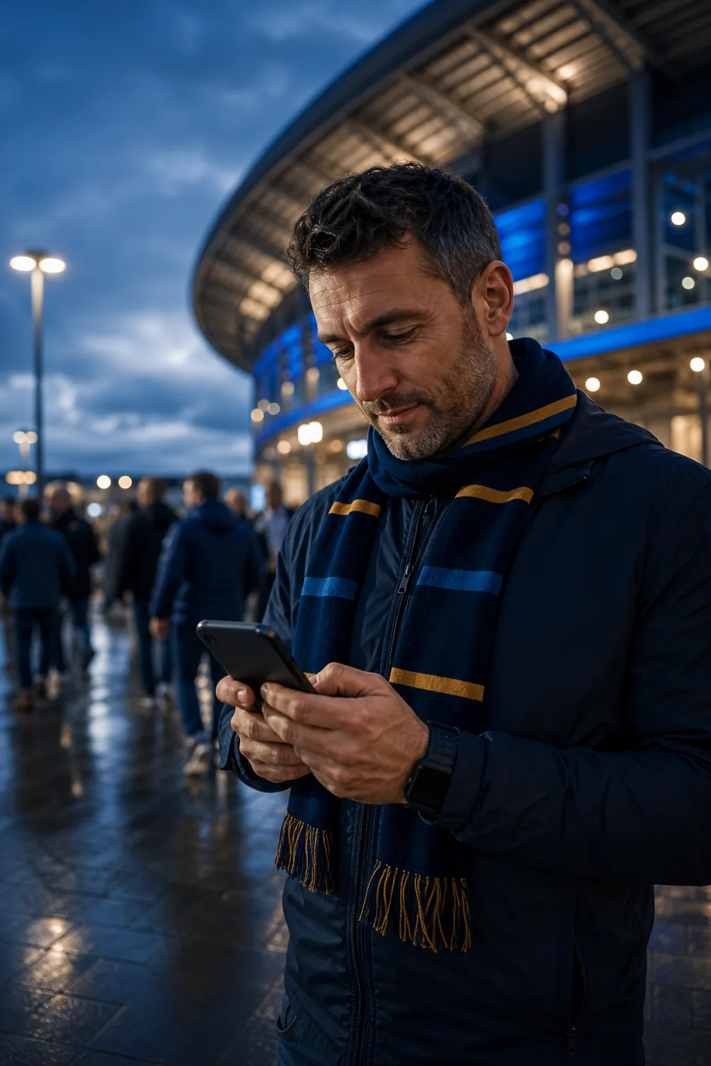 Sports fan using a smartphone outside a stadium