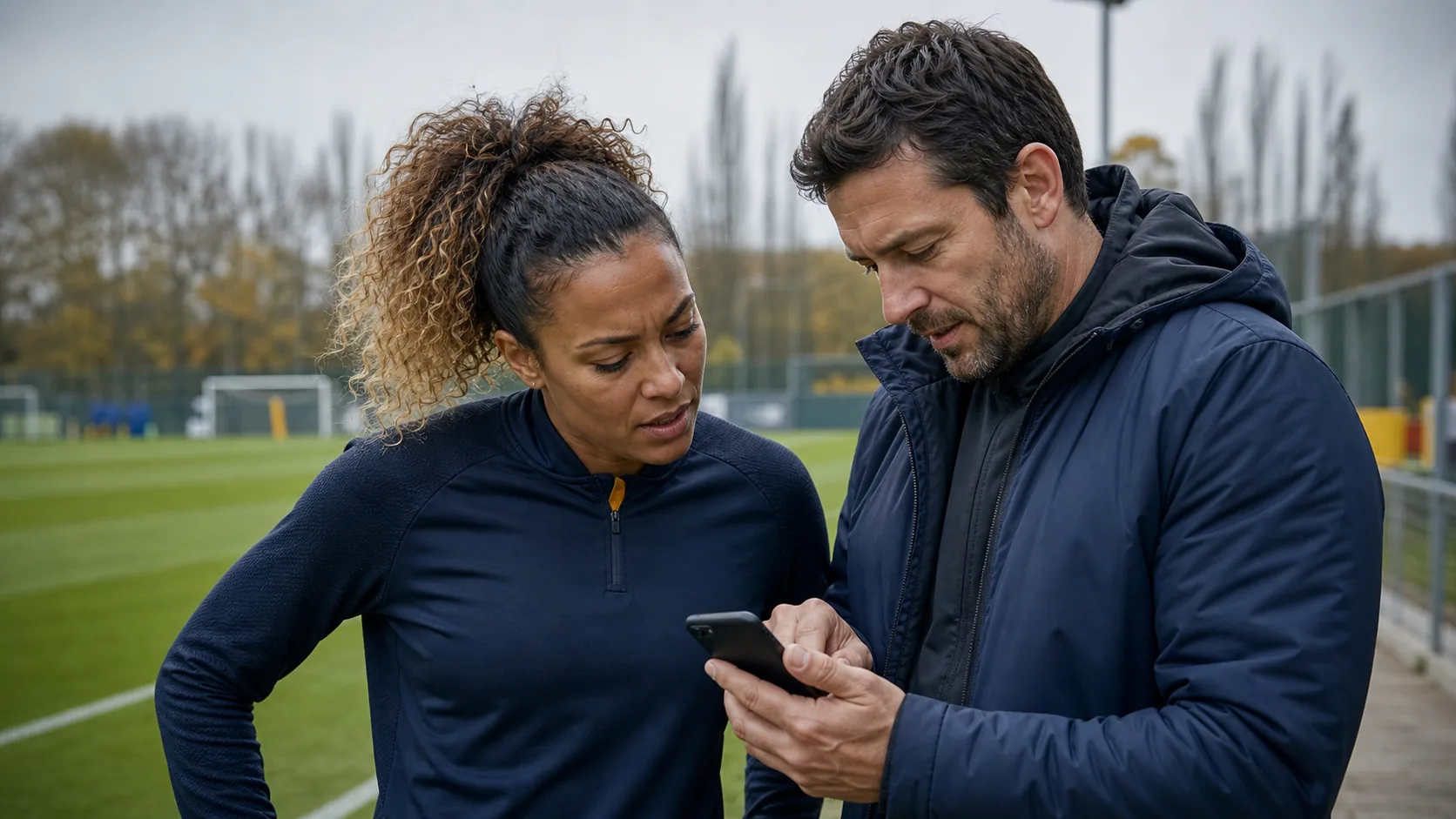 Football athlete and coach solving a mobile app issue
