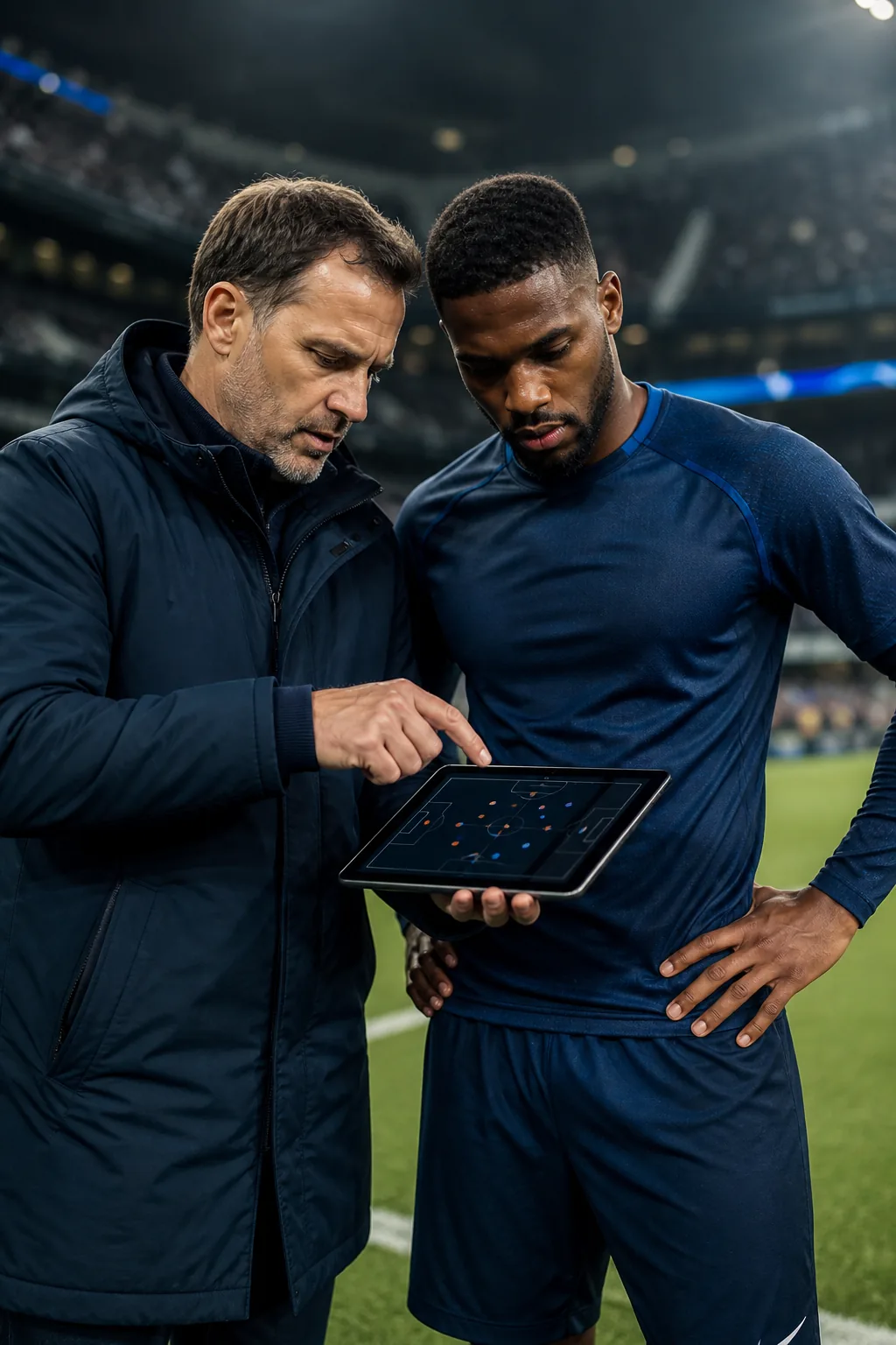 Football coach and athlete reviewing tactical options