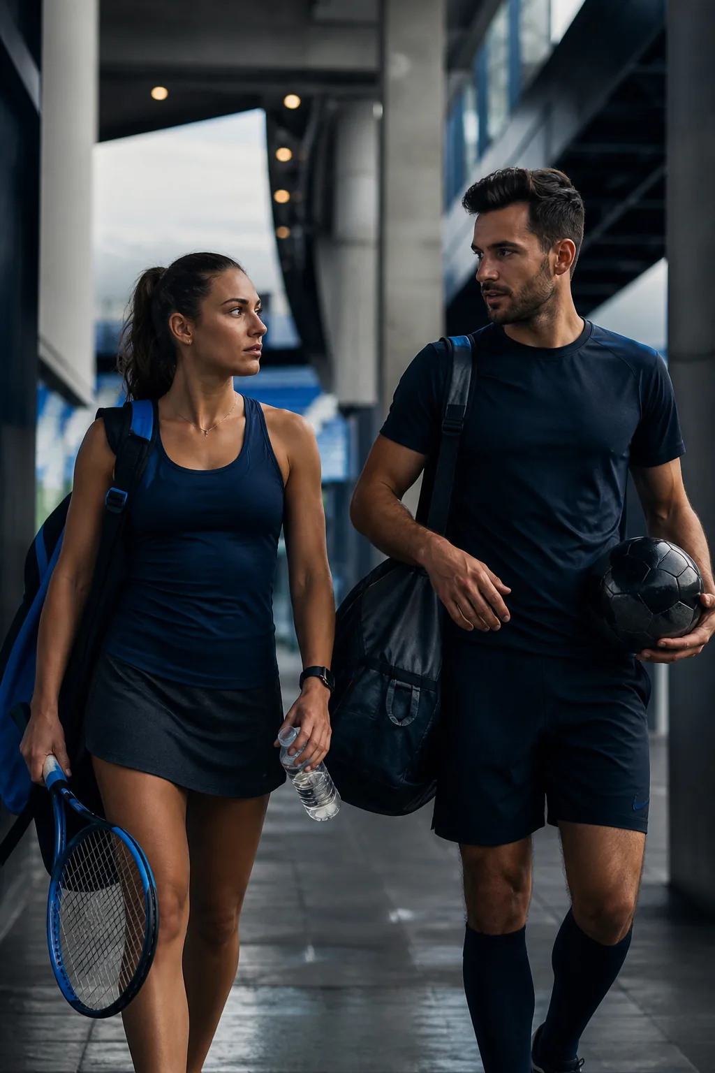 Tennis and football athletes arriving at a stadium
