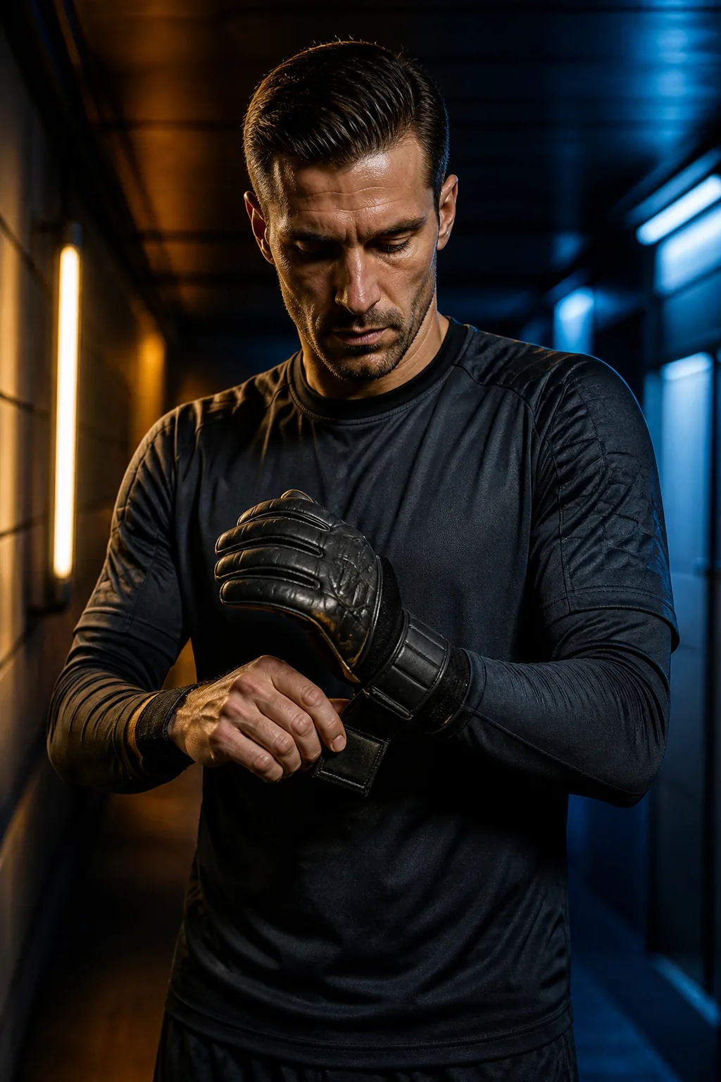 Goalkeeper checking protective equipment