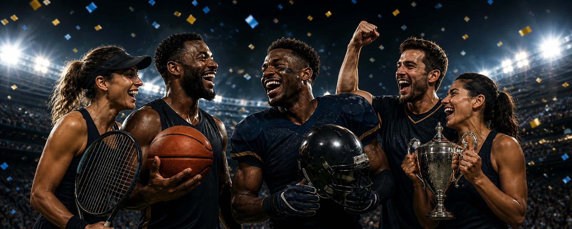 Multi-sport athletes celebrating together in a stadium