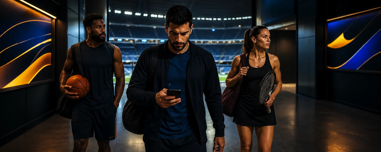 Three athletes walking through a stadium corridor