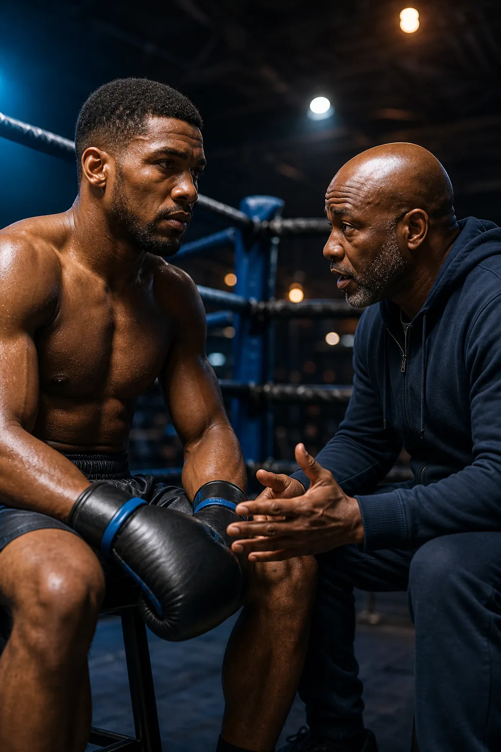 Boxer and coach discussing conditions