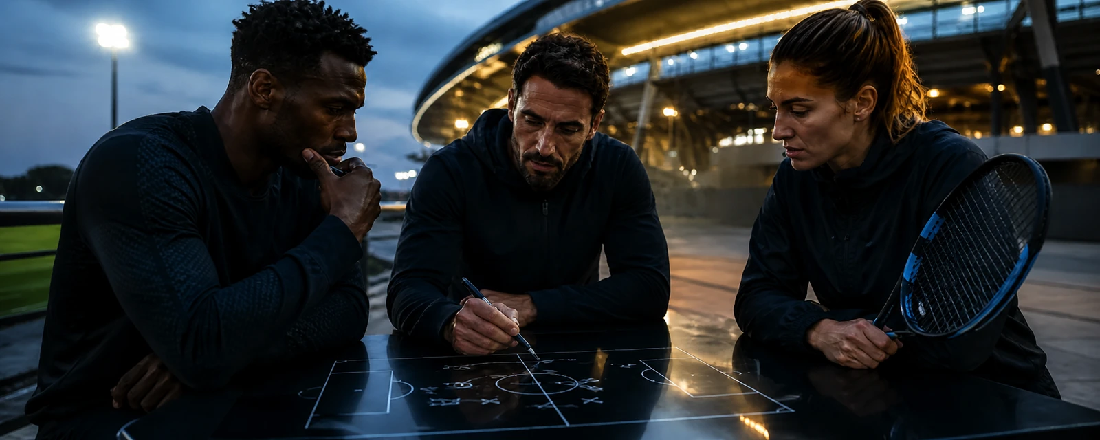Athletes and coach reviewing a tactical plan outside a stadium