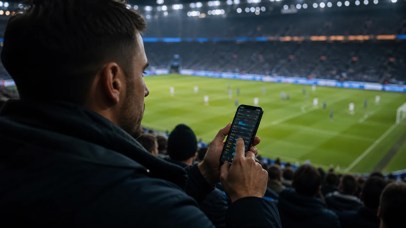 Football fan using a mobile sportsbook during a match